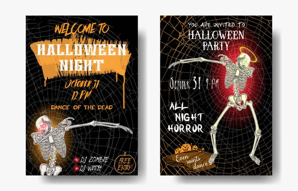 Conjunto de esqueletos de Halloween bailando folletos DAB . — Vector de stock
