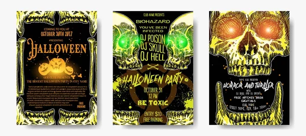Conjunto de mão desenhado tóxico e thriller Halloween cartões de celebração — Vetor de Stock