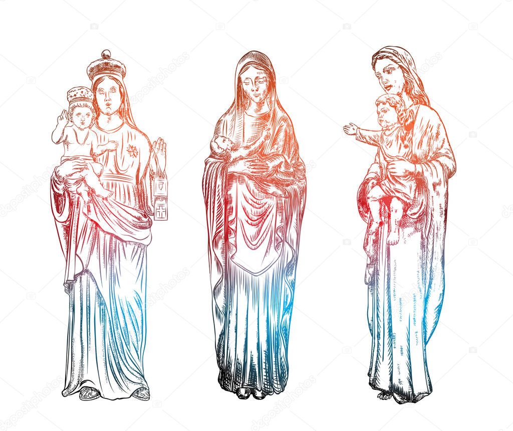 Set of Saint Mary holding baby Jesus Christ,