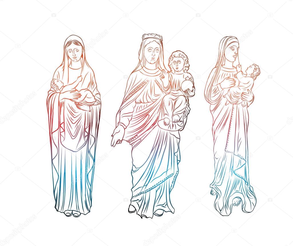 Set of Virgin Mary tattoo art. Symbol of Christianity religion, 