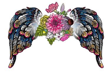 Anneler günü düzen tasarım güller, çiçek ve kuş kanatları çizim