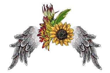 Lily, gül ve chamomiles çiçekler ve kuşlar kanatlı güzel illüstrasyon