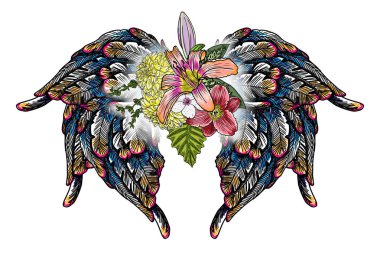 Lily, gül ve chamomiles çiçekler ve kuşlar kanatlı güzel illüstrasyon