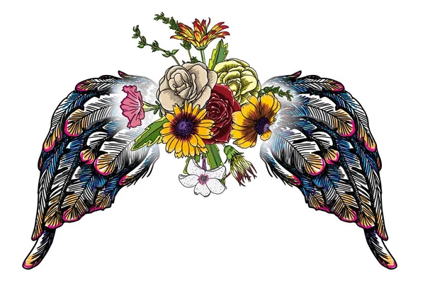 手描きの天使と鳥の羽でバレンタインデー コンセプト ポスター — ストックベクタ