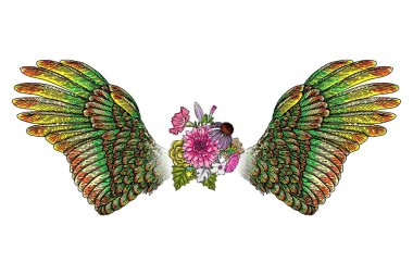 Süslü kanatları ve zarif vintage çiçek buketi moda, 