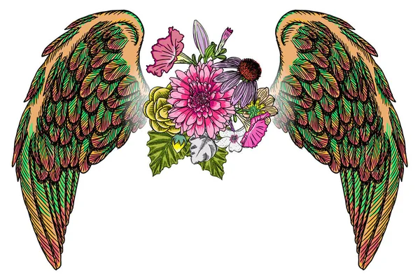 Diseño de diseño de dibujo del día de la madre con rosas, flores y alas de pájaro — Vector de stock