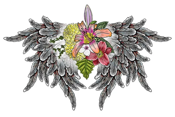 Diseño de diseño de dibujo del día de la madre con rosas, flores y alas de pájaro — Archivo Imágenes Vectoriales