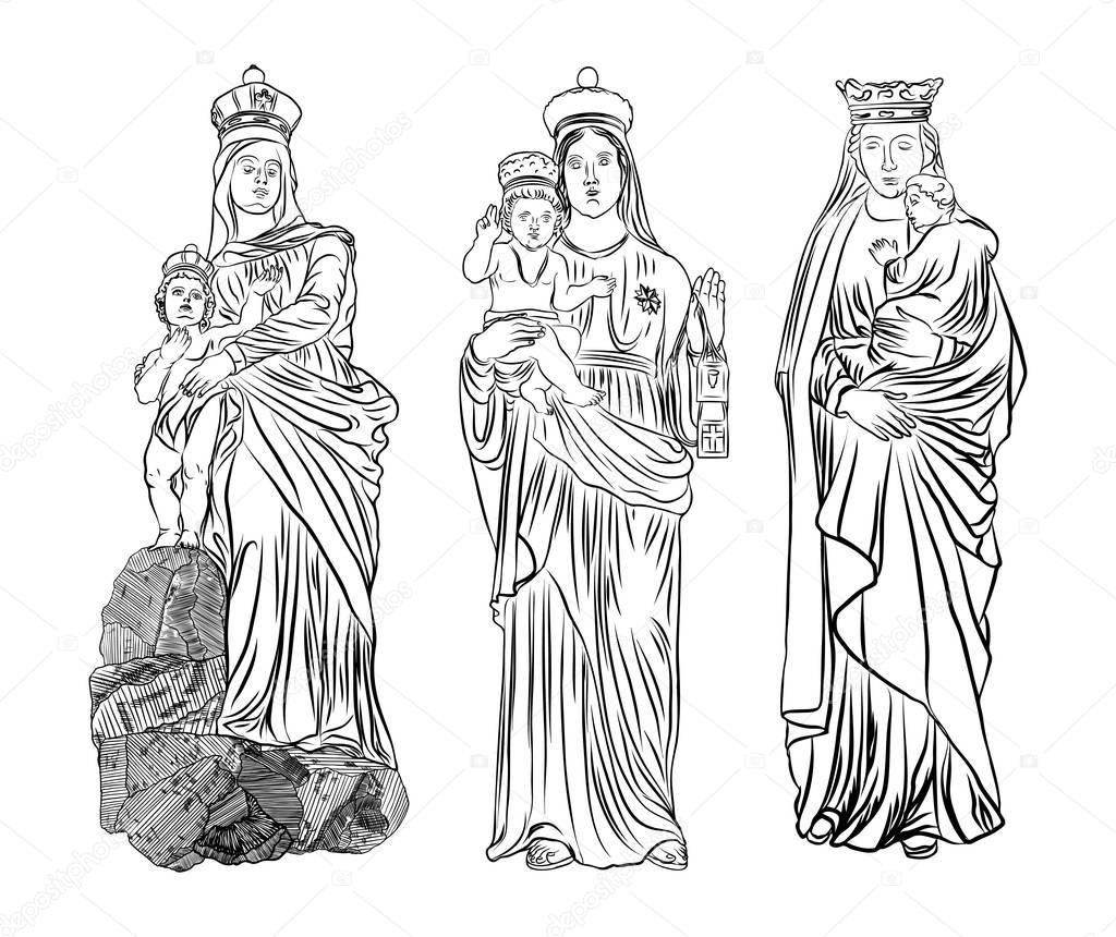 Set of Saint Mary holding baby Jesus. 