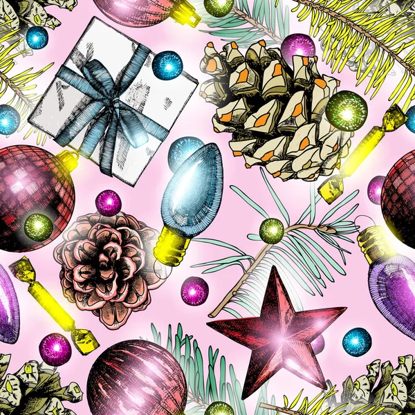 Handritad sömlös jul eller nyår gåva wrap mönster bakgrund — Stock vektor