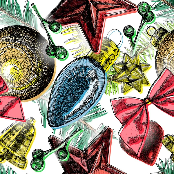 手绘无缝圣诞或新年礼品包装图案背景 — 图库矢量图片