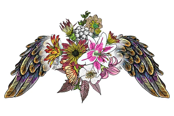 Ailes décorées façonnées et élégant bouquet de fleurs vintage — Image vectorielle