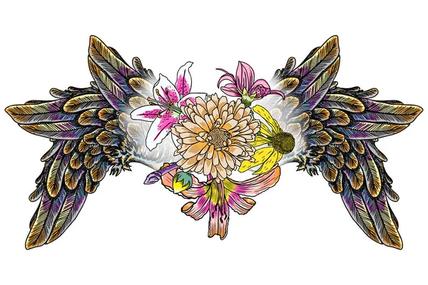Sierlijke ouderwetse vleugels en elegante vintage bloemboeket — Stockvector