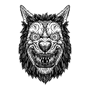 Kızgın kurnaz kurt maskot kafa gülümseyen. 