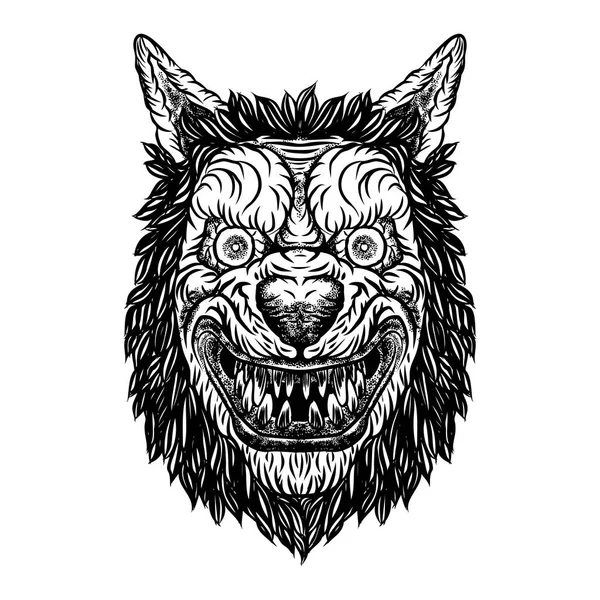 Cabeza de mascota lobo sonriente enojado astuto . — Vector de stock