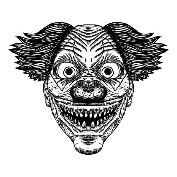 Evil scary smiling clown monster.