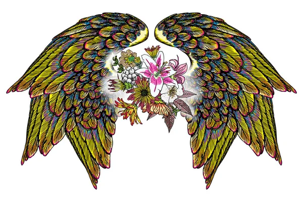 Rosa y flores con alas de ángel o pájaro . — Vector de stock