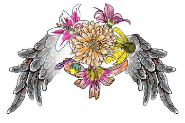 Süslü kanatları ve zarif vintage çiçek buketi moda