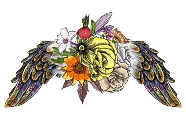 Gül ve çiçek melek ya da kuş kanatlı. 