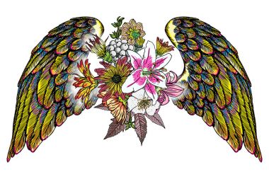 Süslü kanatları ve zarif vintage çiçek buketi moda