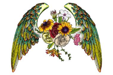 Gül ve çiçek melek ya da kuş kanatlı. 