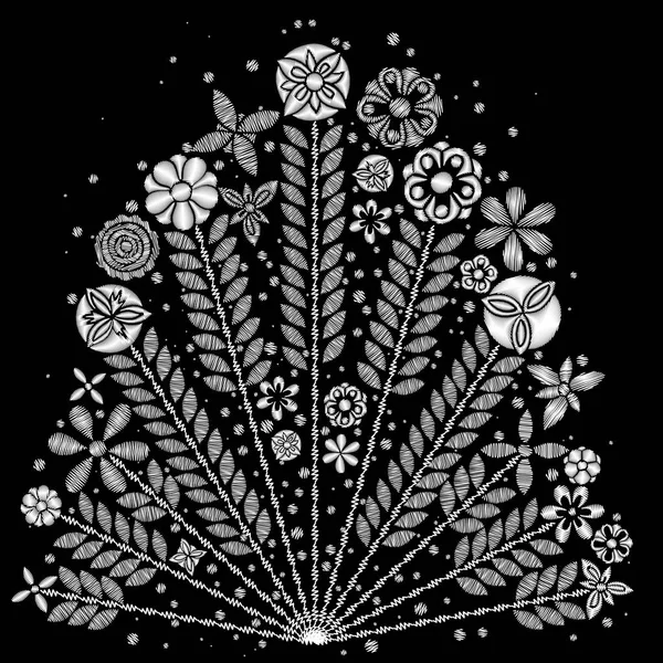 Black and white flower embroidery design. — Stock Vector