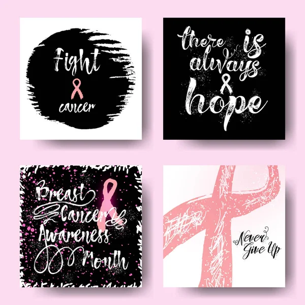 Pembe kurdeleler sembolleri ve kartları Ekim meme kanseri için set — Stok Vektör