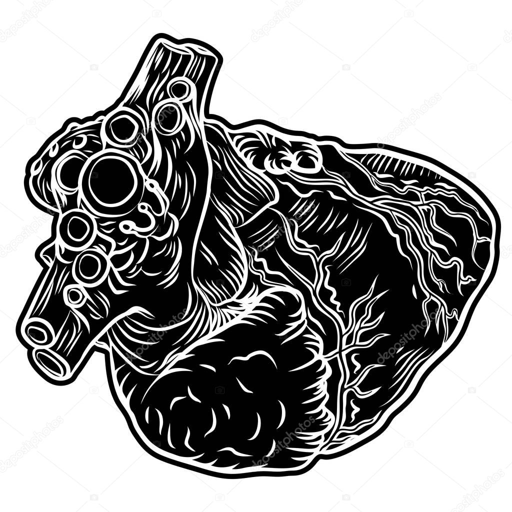 White and black human heart in hand drawn style.