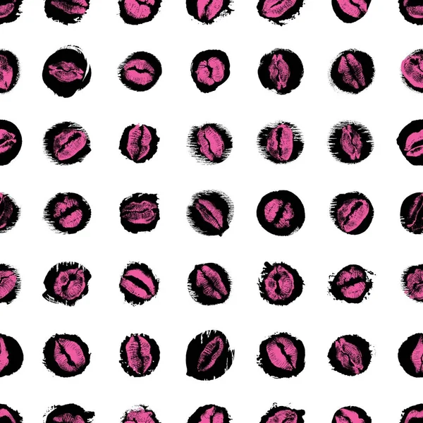 Lips seamless pattern on polka dot background. — Stock Vector