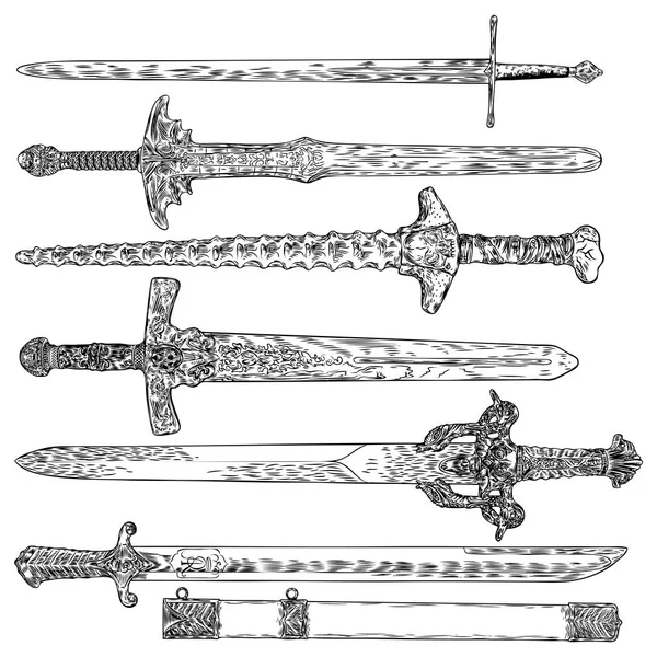 Cuchillo, daga, espada. Conjunto de armas de la antigua Europa . — Vector de stock