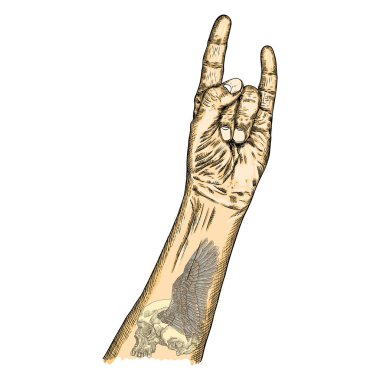 Rock n roll işareti insan kafatası ile adam elinde 