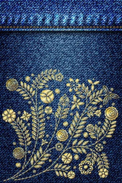 金の花刺繍デザイン。刺繍エスニック花柄ジーンズ — ストックベクタ