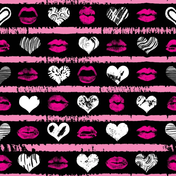 Pink red and black hearts and lips seamless pattern — Stock Vector