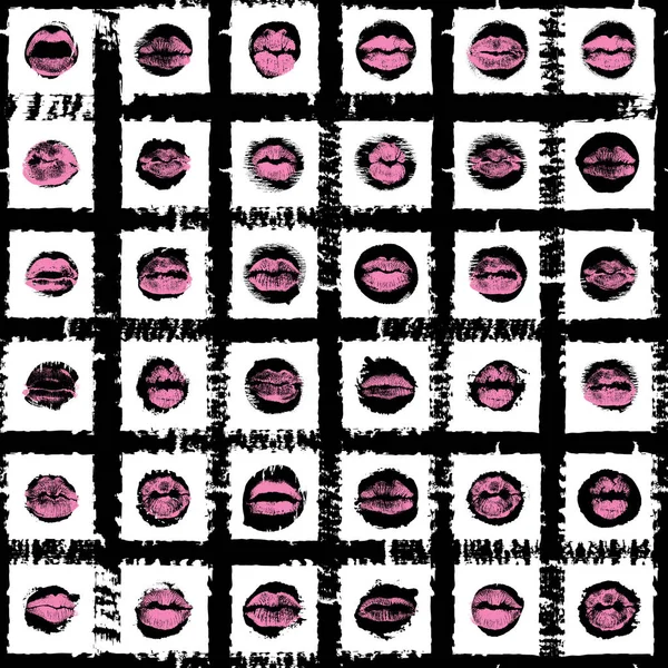Labios femeninos, boca con mancha de beso, patrón sin costuras — Vector de stock