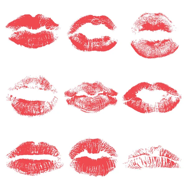 Set of lips or lip shaped women kiss print. — Stock Vector