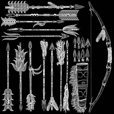 Etnik Boho oklarla tüyler ve yay seti. 