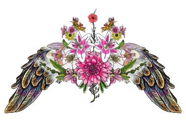 Lily, gül ve chamomiles çiçekli güzel illüstrasyon