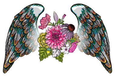 Süslü kanatları ve zarif vintage çiçek buketi moda,