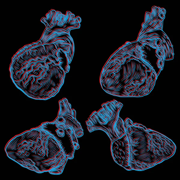 Set von isolierten Gravur bunt rot blau Fleisch Tätowierung Herz. — Stockvektor
