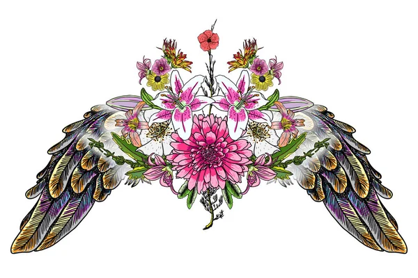 Lily, gül ve chamomiles çiçekli güzel illüstrasyon