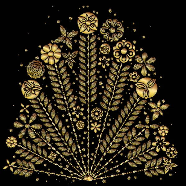 刺繍ゴールド トレンドの花の花束. — ストックベクタ