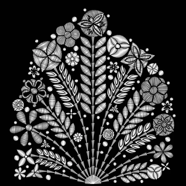 Black and white flower embroidery design. — Stock Vector