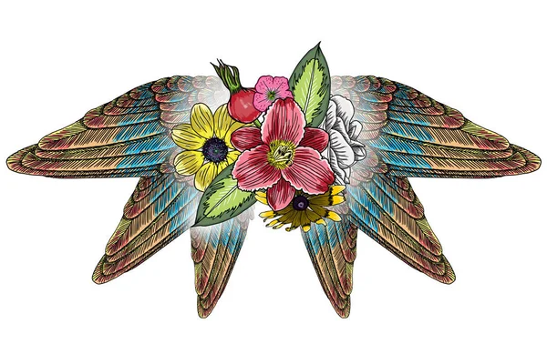 華やかな昔ながらの翼とエレガントなヴィンテージの花の花束 — ストックベクタ