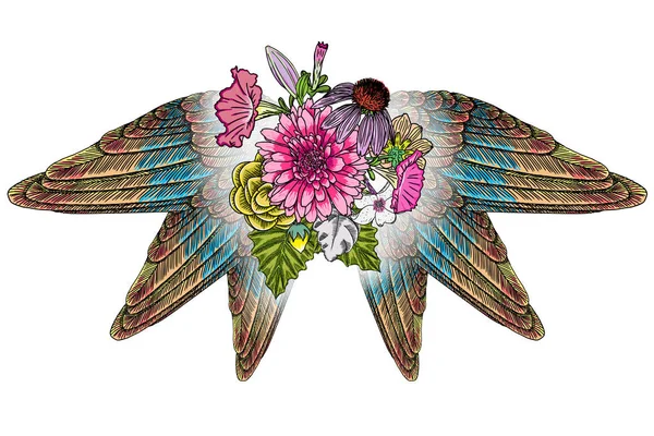 Украшенные крылья и элегантный винтажный букет цветов , — стоковый вектор