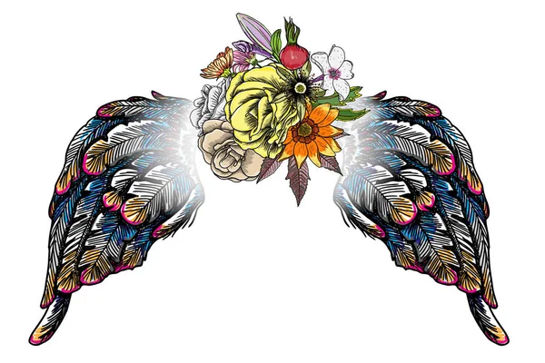 華やかな昔ながらの翼とエレガントなヴィンテージの花の花束, — ストックベクタ