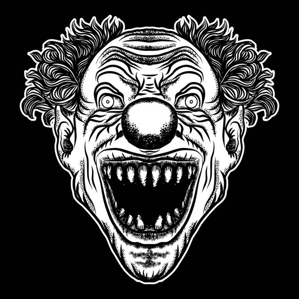 Scary clown head concept of circus horror film character. 