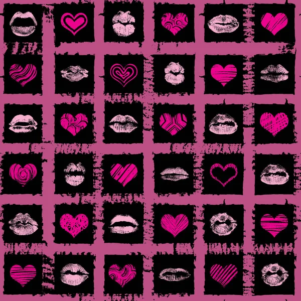 XO XO estilo amor e beijos escova grunge mão corações desenhados — Vetor de Stock