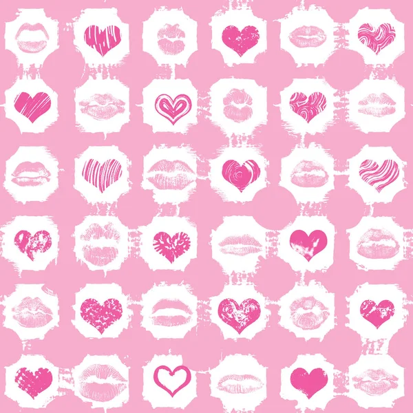 Seamless background of red, pink, black hearts and lips — Stock Vector