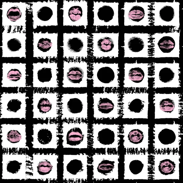 Labios femeninos, boca con mancha de beso, patrón sin costuras — Archivo Imágenes Vectoriales