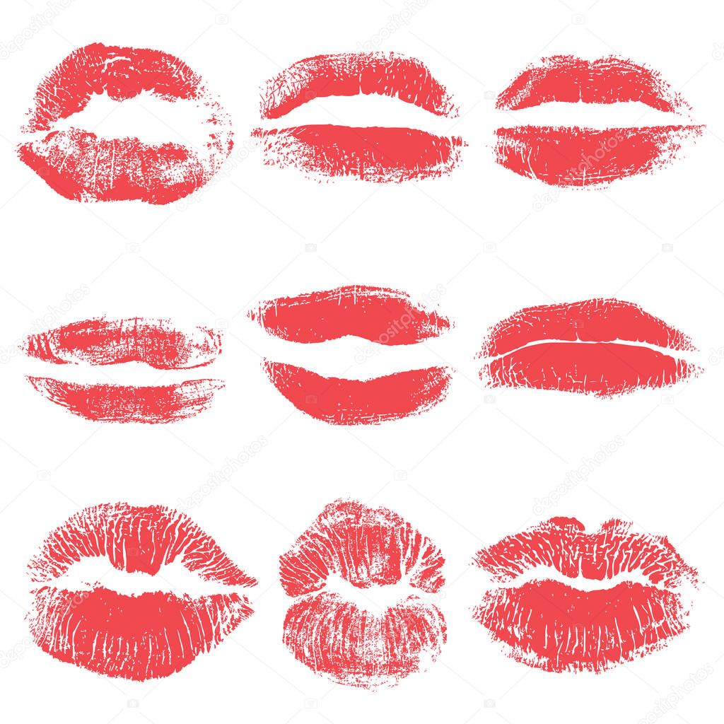 Set of lips or lip shaped women kiss print. 