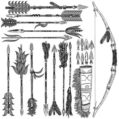 Yay ve çanta siyah elle çizilmiş oklarla kümesi. 